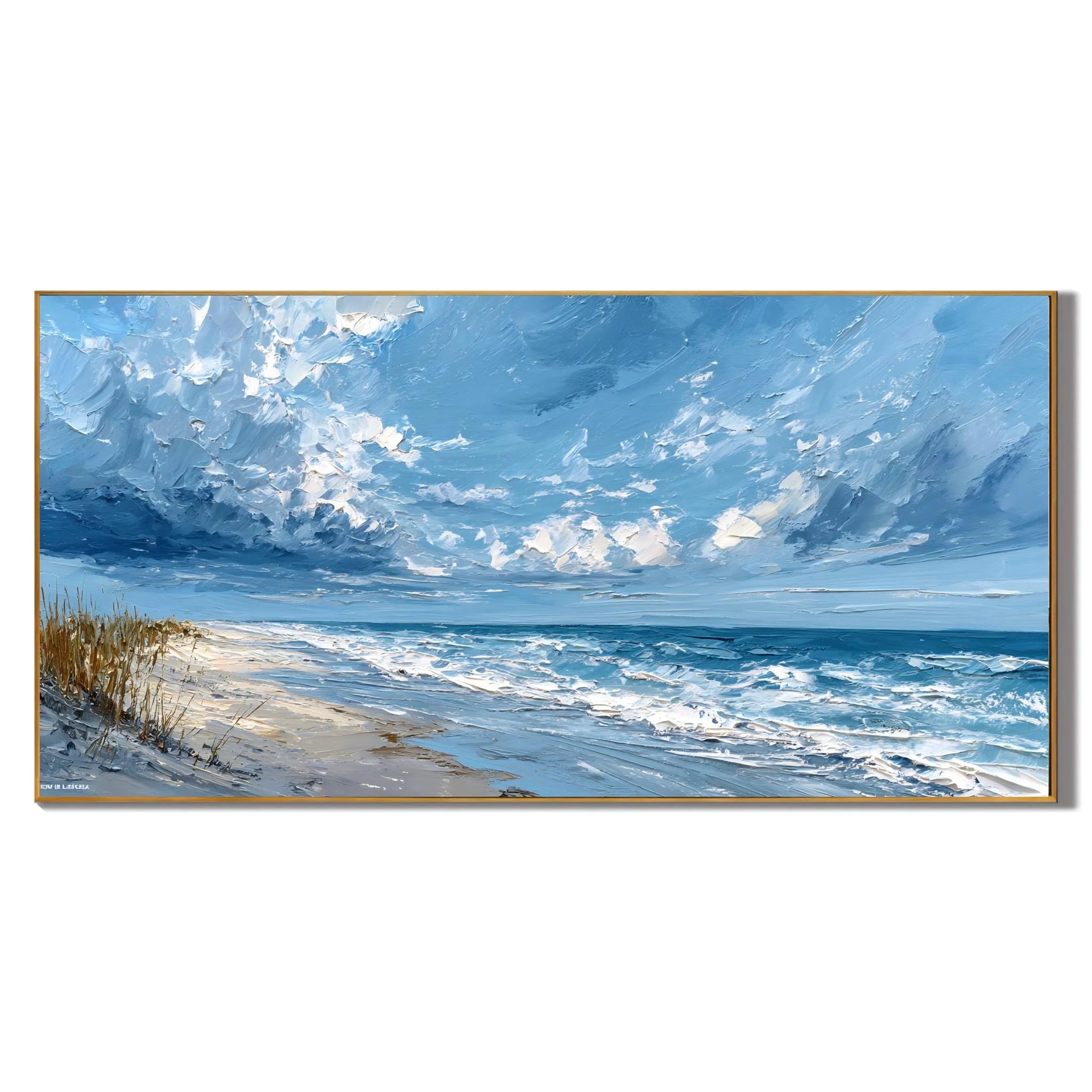 100% Hand-Painted Coastal Landscape Oil Painting | Modern Blue Seascape Beach Wall Art | Original Ocean Waves & Sky Impasto Canvas by Ownanart # OA 1181