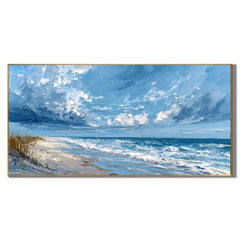 100% Hand-Painted Coastal Landscape Oil Painting | Modern Blue Seascape Beach Wall Art | Original Ocean Waves & Sky Impasto Canvas by Ownanart # OA 1181