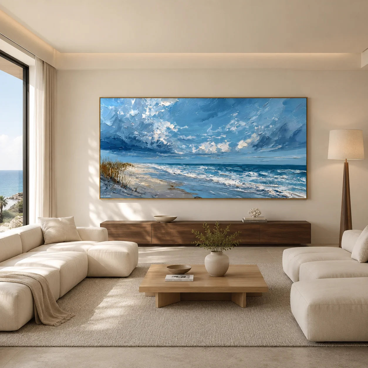 100% Hand-Painted Coastal Landscape Oil Painting | Modern Blue Seascape Beach Wall Art | Original Ocean Waves & Sky Impasto Canvas by Ownanart # OA 1181
