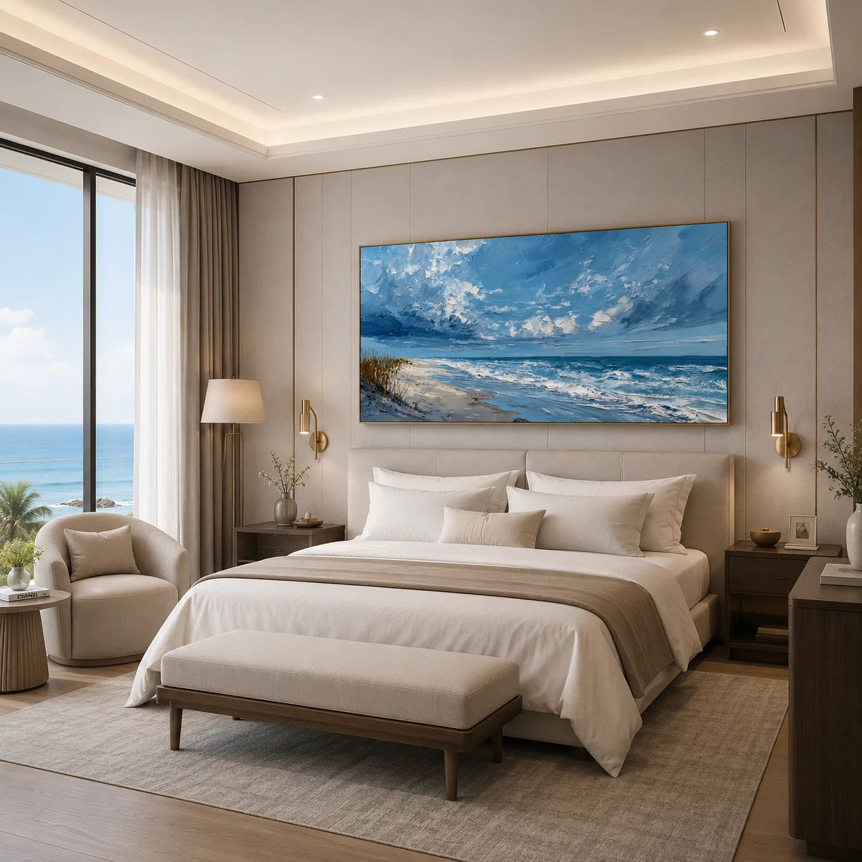 100% Hand-Painted Coastal Landscape Oil Painting | Modern Blue Seascape Beach Wall Art | Original Ocean Waves & Sky Impasto Canvas by Ownanart # OA 1181