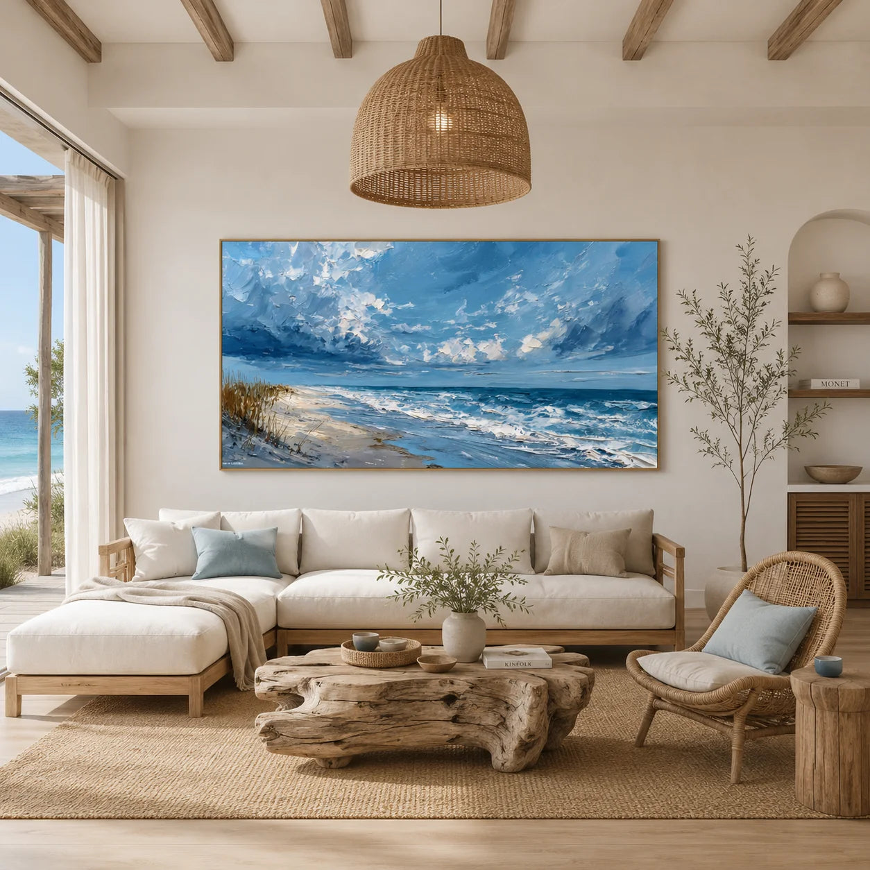 100% Hand-Painted Coastal Landscape Oil Painting | Modern Blue Seascape Beach Wall Art | Original Ocean Waves & Sky Impasto Canvas by Ownanart # OA 1181