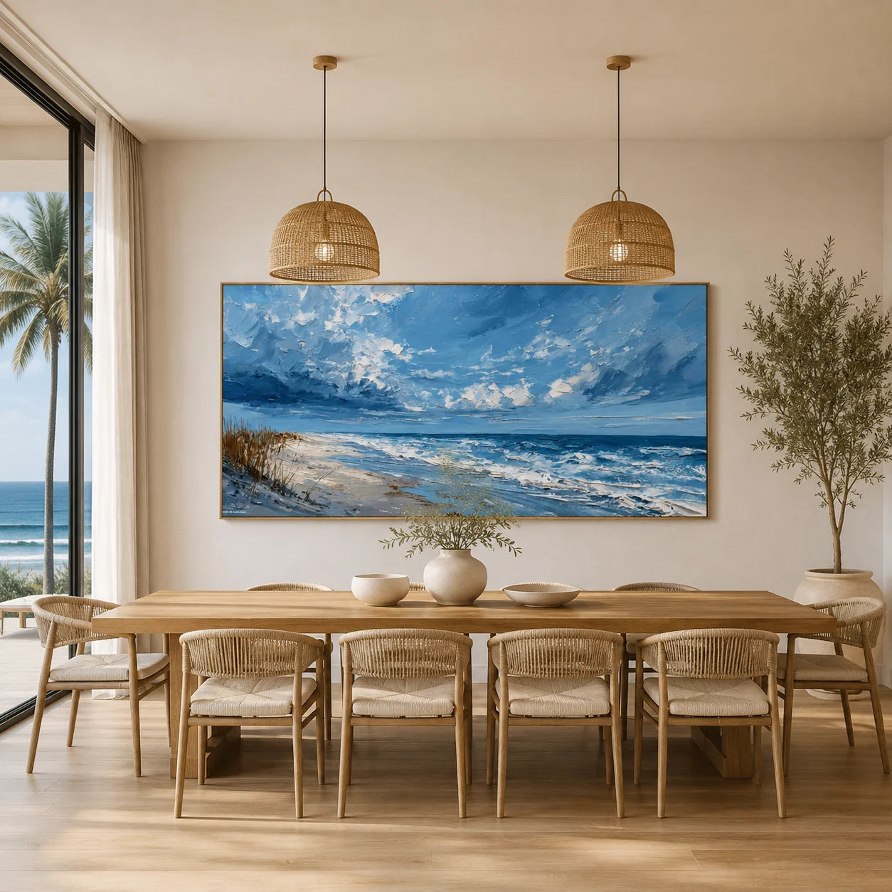 100% Hand-Painted Coastal Landscape Oil Painting | Modern Blue Seascape Beach Wall Art | Original Ocean Waves & Sky Impasto Canvas by Ownanart # OA 1181