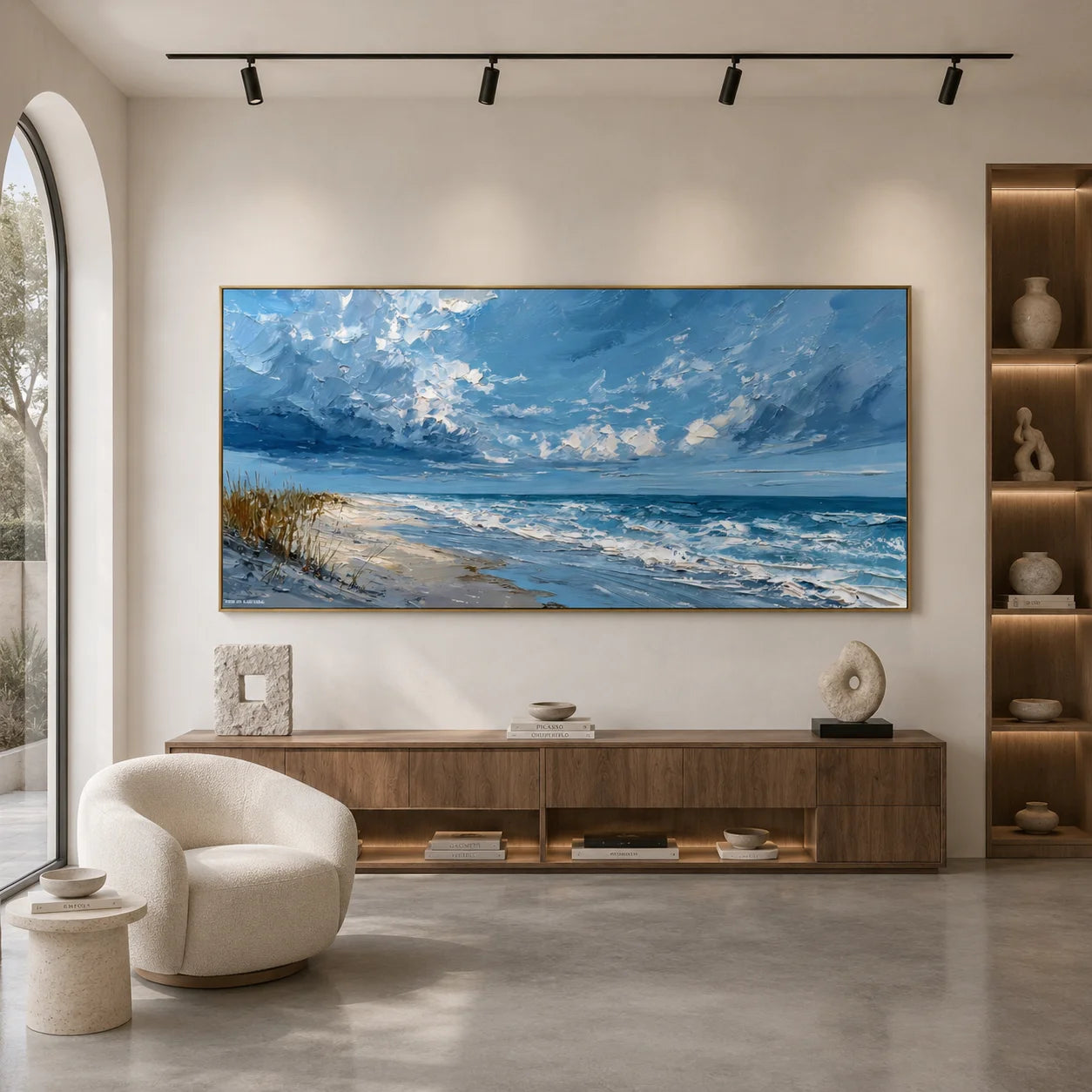 100% Hand-Painted Coastal Landscape Oil Painting | Modern Blue Seascape Beach Wall Art | Original Ocean Waves & Sky Impasto Canvas by Ownanart # OA 1181