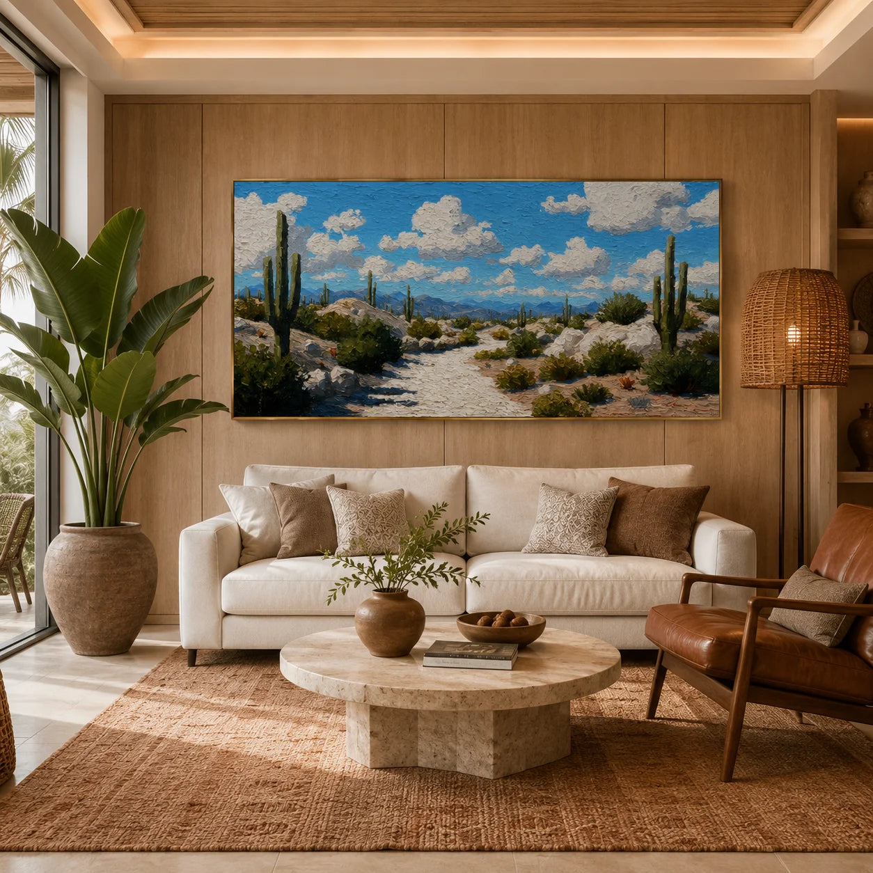 100% Hand-Painted Desert Landscape Oil Painting | Modern Cactus Desert Wall Art | Southwestern Nature Panoramic Canvas | Original Impasto Landscape Artwork for Living Room & Office by Ownanart # OA 1189