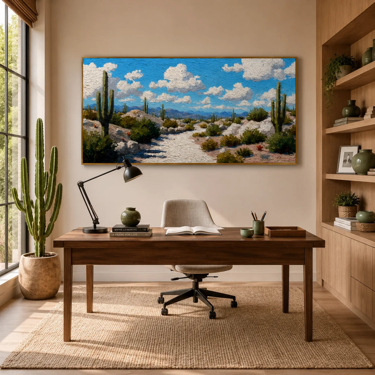 100% Hand-Painted Desert Landscape Oil Painting | Modern Cactus Desert Wall Art | Southwestern Nature Panoramic Canvas | Original Impasto Landscape Artwork for Living Room & Office by Ownanart # OA 1189