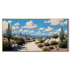 100% Hand-Painted Desert Landscape Oil Painting | Modern Cactus Desert Wall Art | Southwestern Nature Panoramic Canvas | Original Impasto Landscape Artwork for Living Room & Office by Ownanart # OA 1189