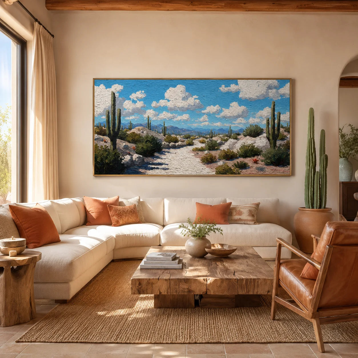100% Hand-Painted Desert Landscape Oil Painting | Modern Cactus Desert Wall Art | Southwestern Nature Panoramic Canvas | Original Impasto Landscape Artwork for Living Room & Office by Ownanart # OA 1189