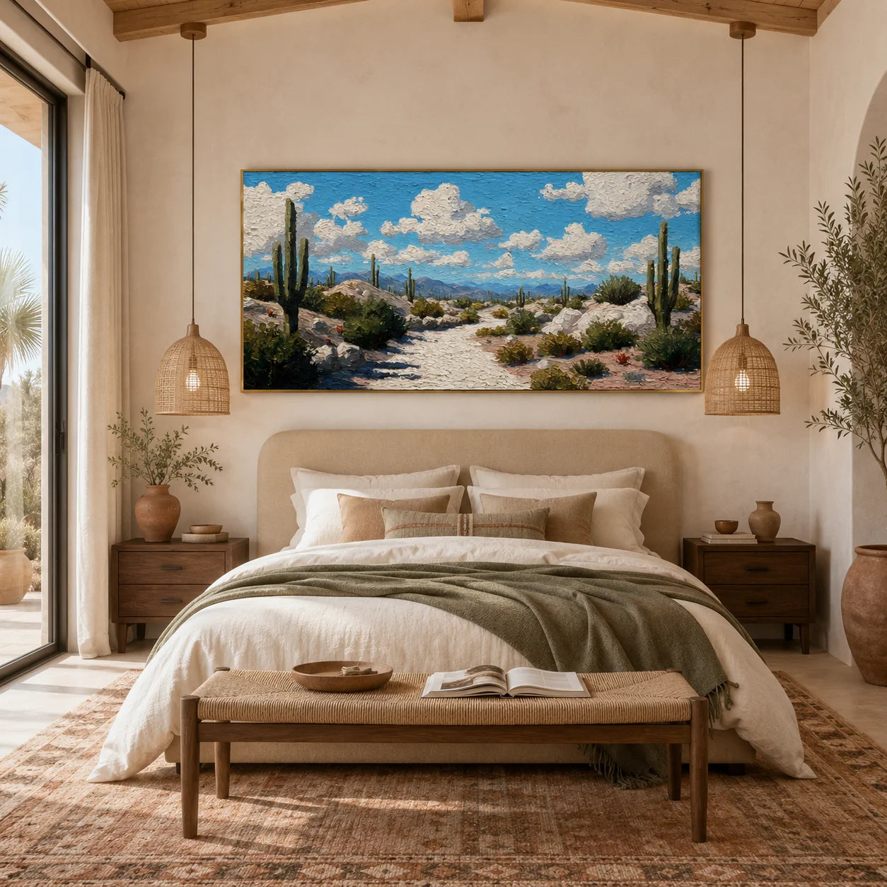 100% Hand-Painted Desert Landscape Oil Painting | Modern Cactus Desert Wall Art | Southwestern Nature Panoramic Canvas | Original Impasto Landscape Artwork for Living Room & Office by Ownanart # OA 1189