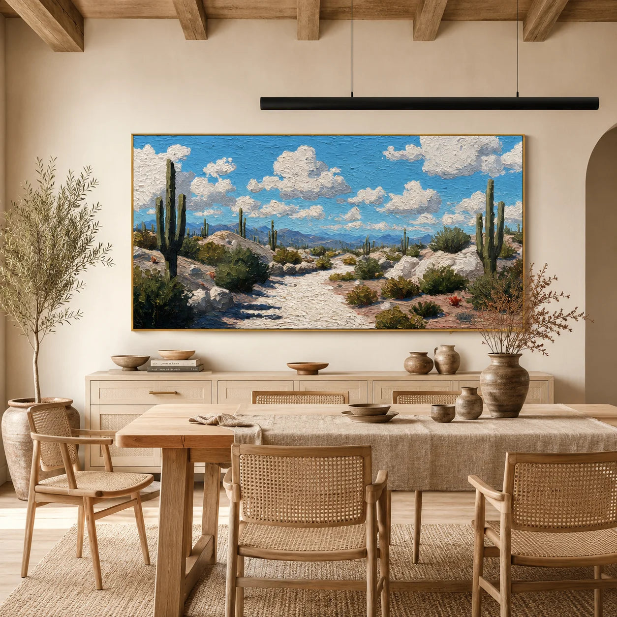 100% Hand-Painted Desert Landscape Oil Painting | Modern Cactus Desert Wall Art | Southwestern Nature Panoramic Canvas | Original Impasto Landscape Artwork for Living Room & Office by Ownanart # OA 1189