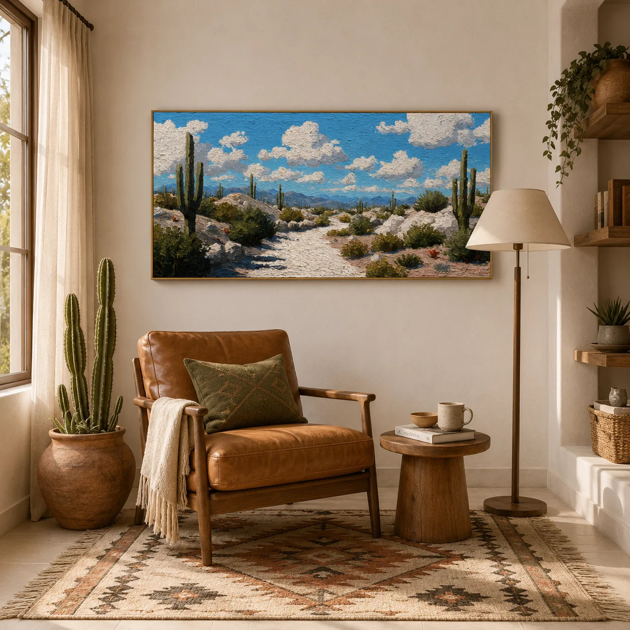 100% Hand-Painted Desert Landscape Oil Painting | Modern Cactus Desert Wall Art | Southwestern Nature Panoramic Canvas | Original Impasto Landscape Artwork for Living Room & Office by Ownanart # OA 1189