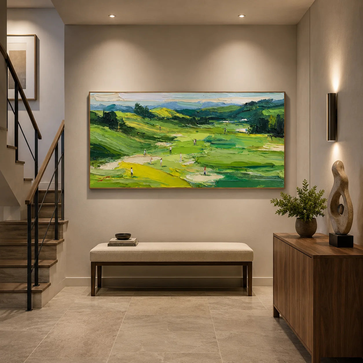 100% Hand-Painted Golf Course Landscape Oil Painting | Modern Green Hills & Countryside Wall Art | Original Impasto Golf Course Scenic Canvas | Nature Landscape Artwork for Living Room by Ownanart # OA 1191