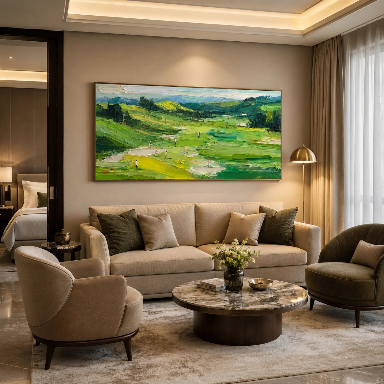 100% Hand-Painted Golf Course Landscape Oil Painting | Modern Green Hills & Countryside Wall Art | Original Impasto Golf Course Scenic Canvas | Nature Landscape Artwork for Living Room by Ownanart # OA 1191