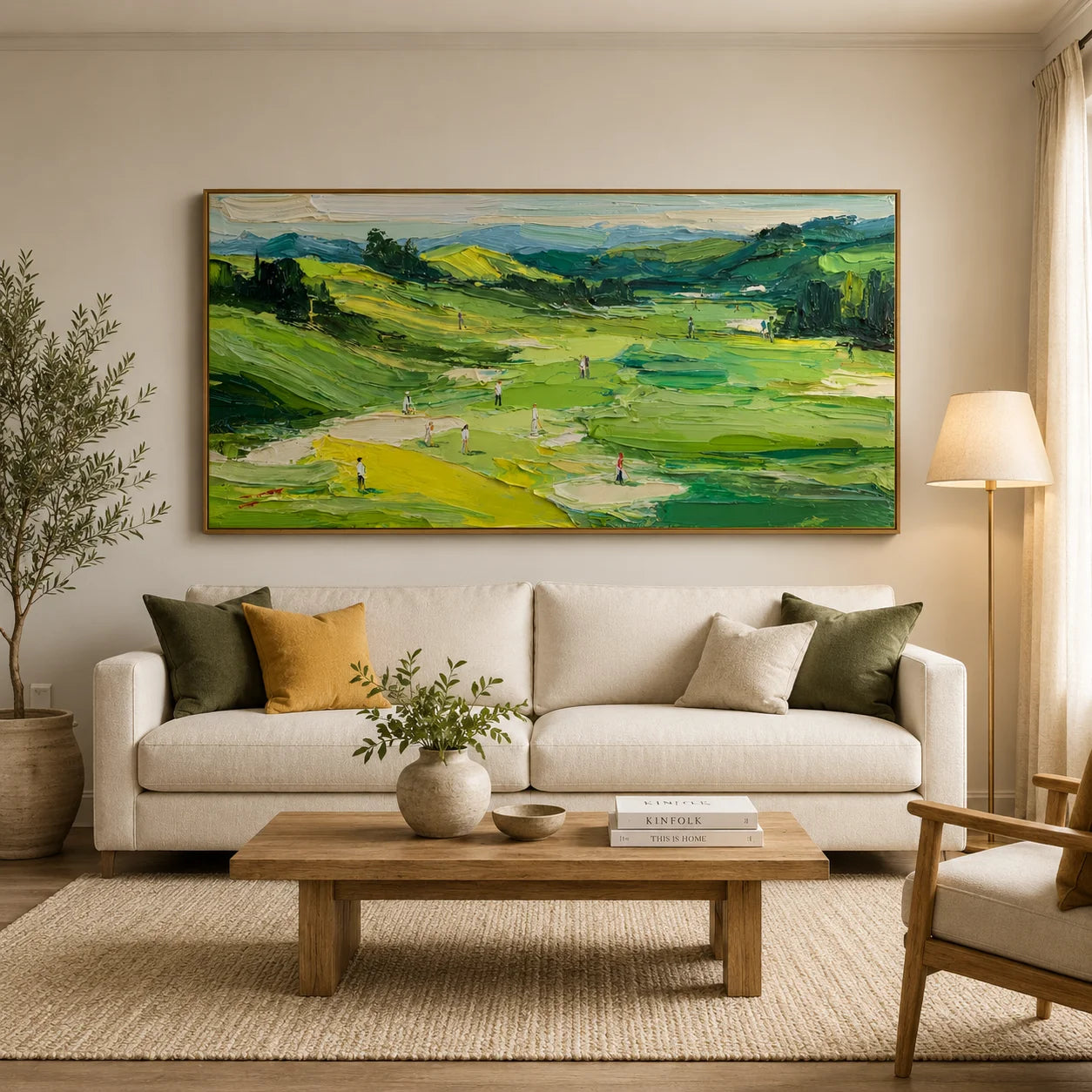 100% Hand-Painted Golf Course Landscape Oil Painting | Modern Green Hills & Countryside Wall Art | Original Impasto Golf Course Scenic Canvas | Nature Landscape Artwork for Living Room by Ownanart # OA 1191