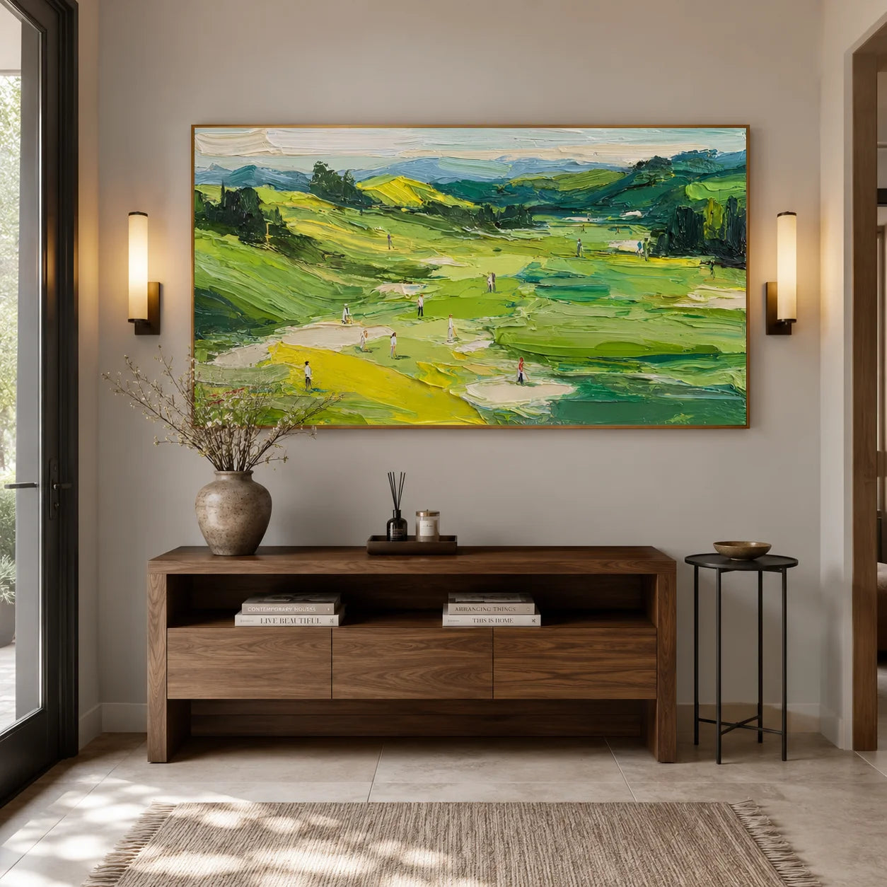 100% Hand-Painted Golf Course Landscape Oil Painting | Modern Green Hills & Countryside Wall Art | Original Impasto Golf Course Scenic Canvas | Nature Landscape Artwork for Living Room by Ownanart # OA 1191