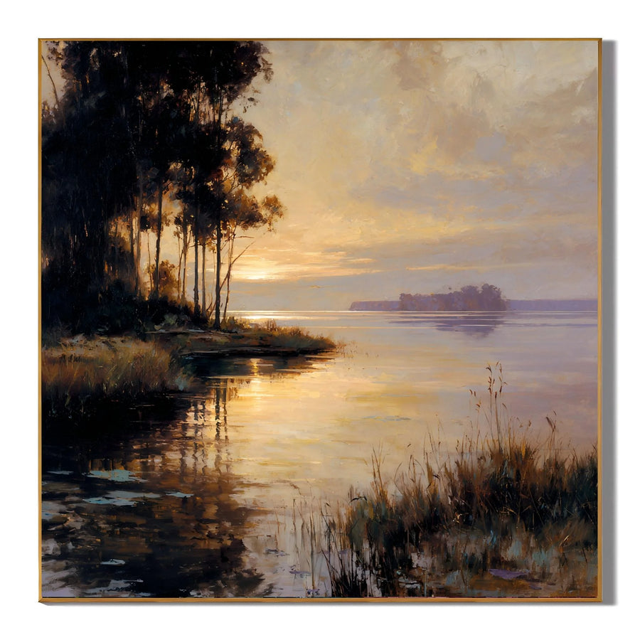 100% Hand-Painted Lakeside Sunset Landscape Oil Painting | Modern Nature Wall Art | Original Forest & Lake Sunset Canvas by Ownanart # OA 1178