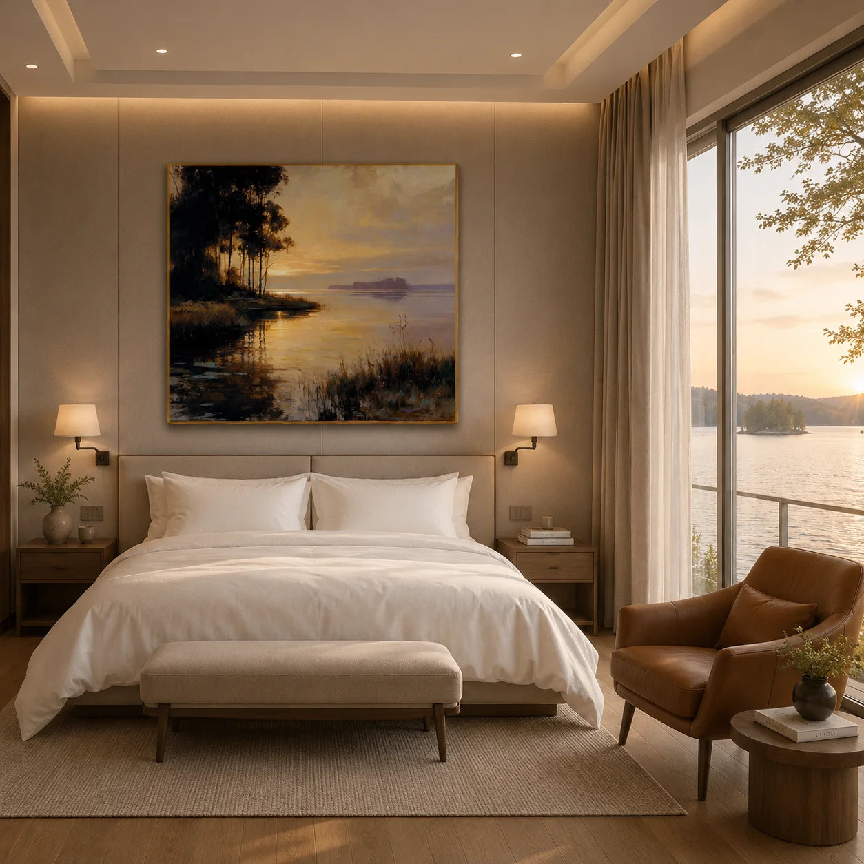 100% Hand-Painted Lakeside Sunset Landscape Oil Painting | Modern Nature Wall Art | Original Forest & Lake Sunset Canvas by Ownanart # OA 1178