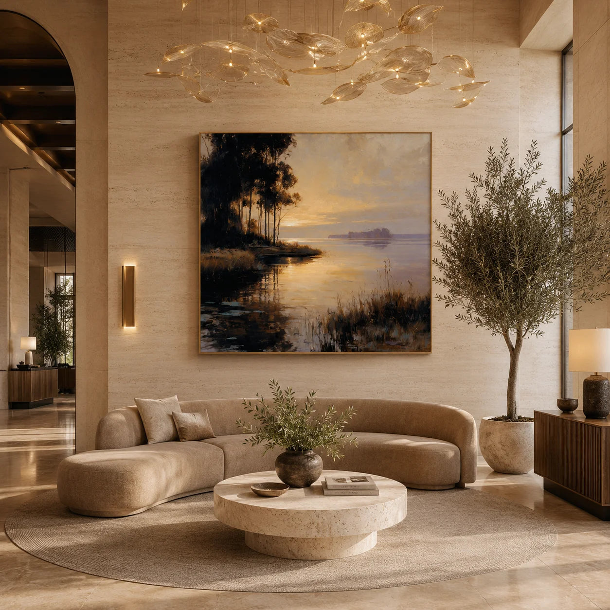 100% Hand-Painted Lakeside Sunset Landscape Oil Painting | Modern Nature Wall Art | Original Forest & Lake Sunset Canvas by Ownanart # OA 1178