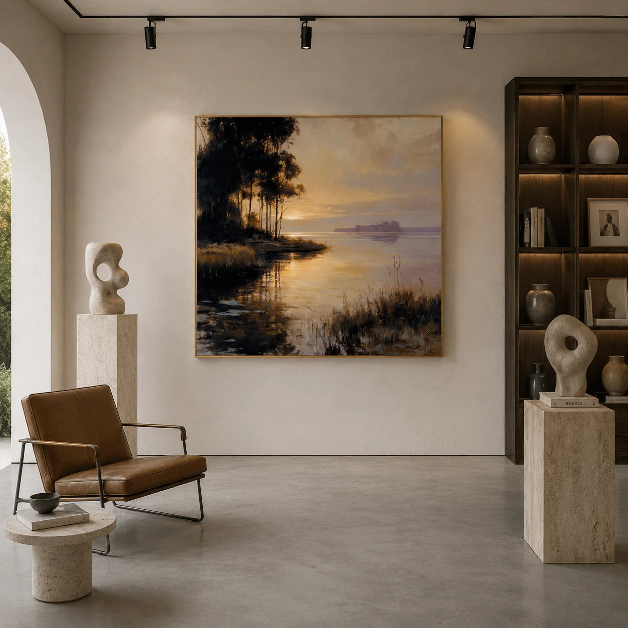 100% Hand-Painted Lakeside Sunset Landscape Oil Painting | Modern Nature Wall Art | Original Forest & Lake Sunset Canvas by Ownanart # OA 1178