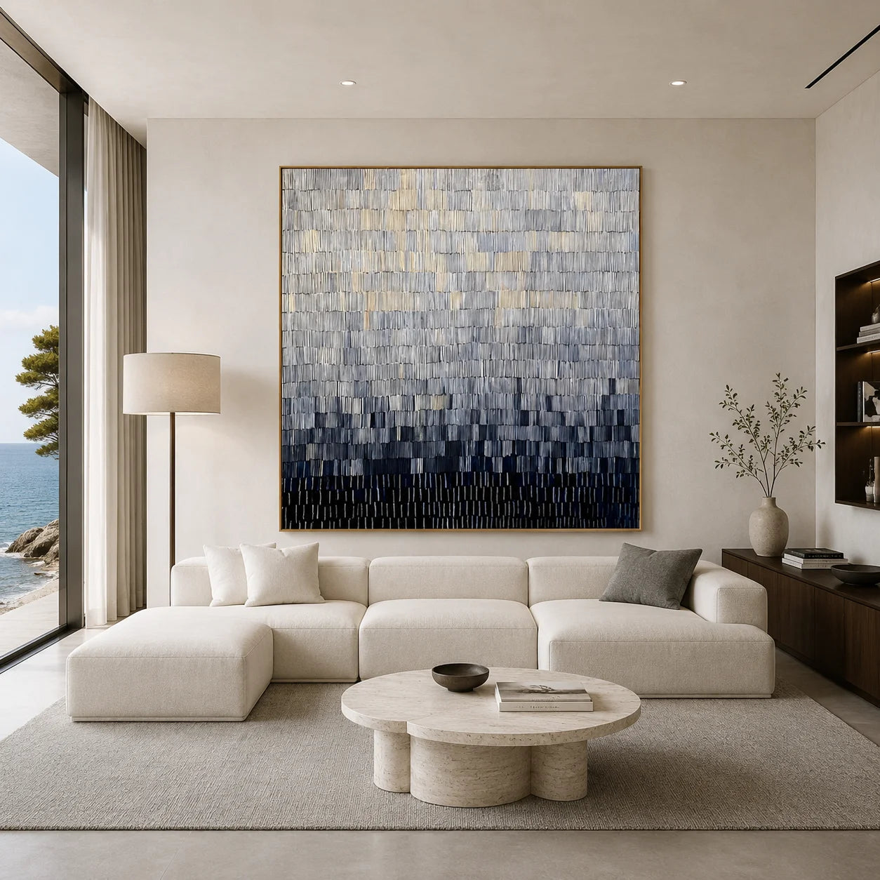 100% Hand-Painted Modern Abstract Black & White Gradient Oil Painting | Minimalist Geometric Textured Wall Art | Original Monochrome Linear Impasto Canvas by Ownanart # OA 1174