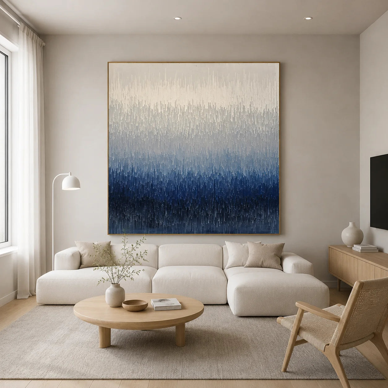 100% Hand-Painted Modern Abstract Blue Gradient Oil Painting | Minimalist Textured Wall Art | Original Blue & White Layered Impasto Canvas by Ownanart # OA 1173