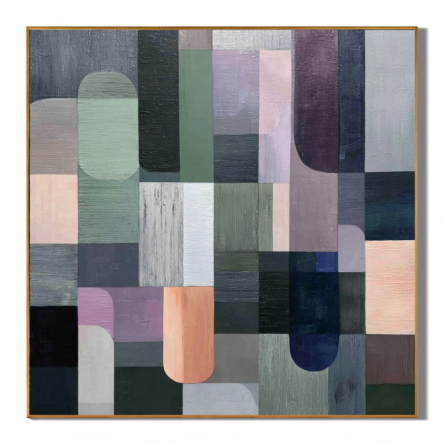 100% Hand-Painted Modern Abstract Geometric Oil Painting | Minimalist Color Block Wall Art | Original Neutral Geometric Canvas by Ownanart # OA 1172
