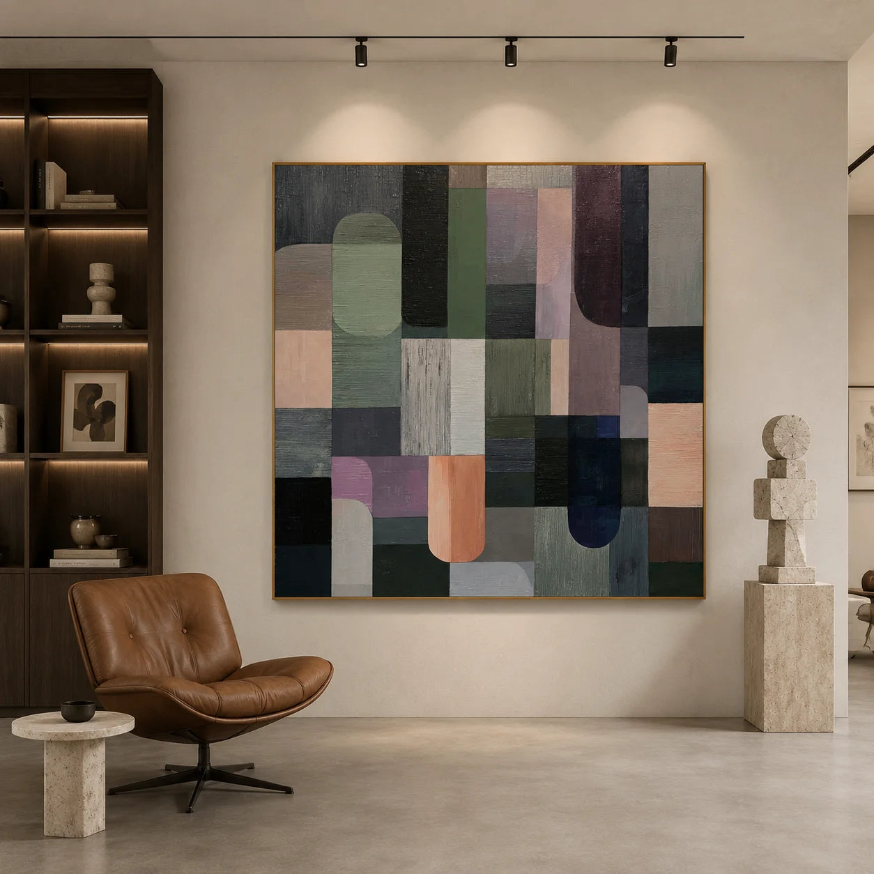 100% Hand-Painted Modern Abstract Geometric Oil Painting | Minimalist Color Block Wall Art | Original Neutral Geometric Canvas by Ownanart # OA 1172