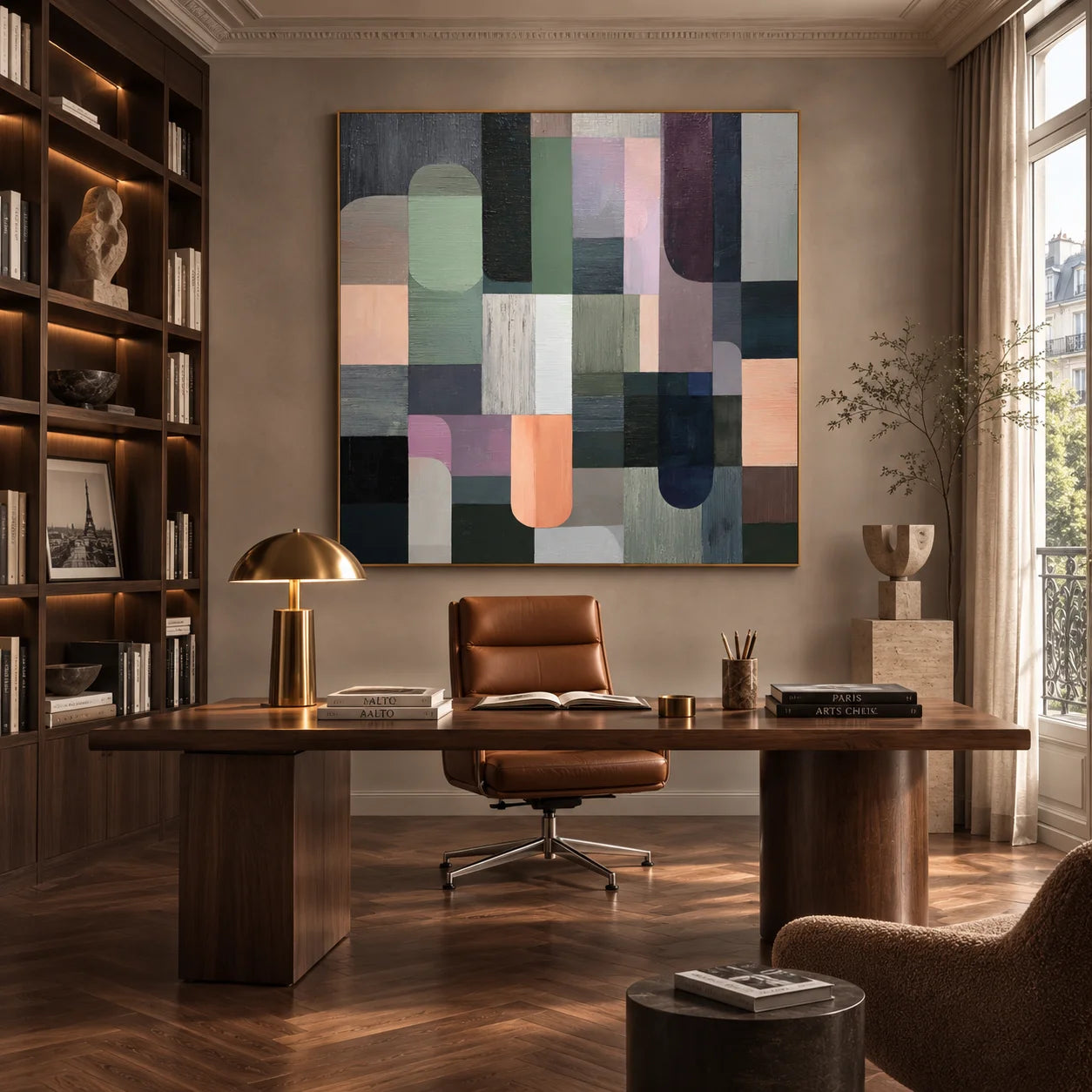 100% Hand-Painted Modern Abstract Geometric Oil Painting | Minimalist Color Block Wall Art | Original Neutral Geometric Canvas by Ownanart # OA 1172