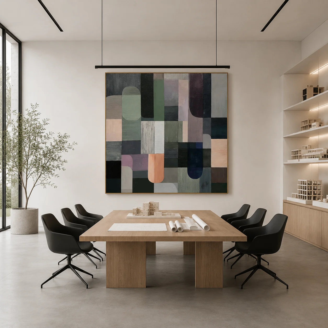 100% Hand-Painted Modern Abstract Geometric Oil Painting | Minimalist Color Block Wall Art | Original Neutral Geometric Canvas by Ownanart # OA 1172