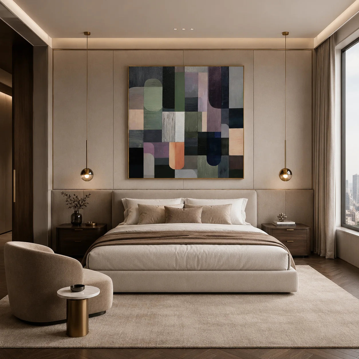100% Hand-Painted Modern Abstract Geometric Oil Painting | Minimalist Color Block Wall Art | Original Neutral Geometric Canvas by Ownanart # OA 1172