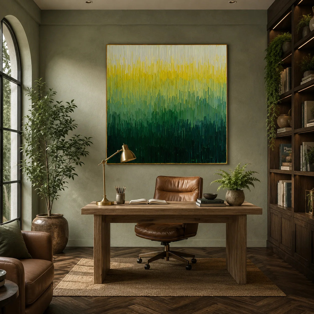 100% Hand-Painted Modern Abstract Green Gradient Oil Painting | Minimalist Textured Wall Art | Original Forest-Inspired Impasto Canvas by Ownanart # OA 1167
