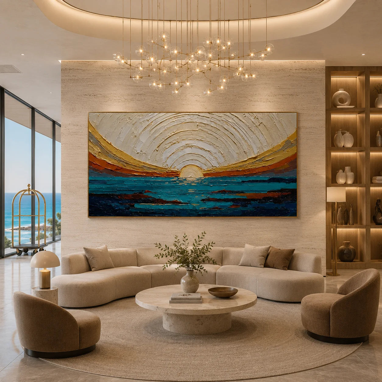 100% Hand-Painted Modern Abstract Ocean Sunrise Oil Painting | Textured Impasto Seascape Wall Art | Minimalist Coastal Horizon Panoramic Canvas | Original Contemporary Seascape Artwork by Ownanart # OA 1185