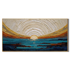 100% Hand-Painted Modern Abstract Ocean Sunrise Oil Painting | Textured Impasto Seascape Wall Art | Minimalist Coastal Horizon Panoramic Canvas | Original Contemporary Seascape Artwork by Ownanart # OA 1185
