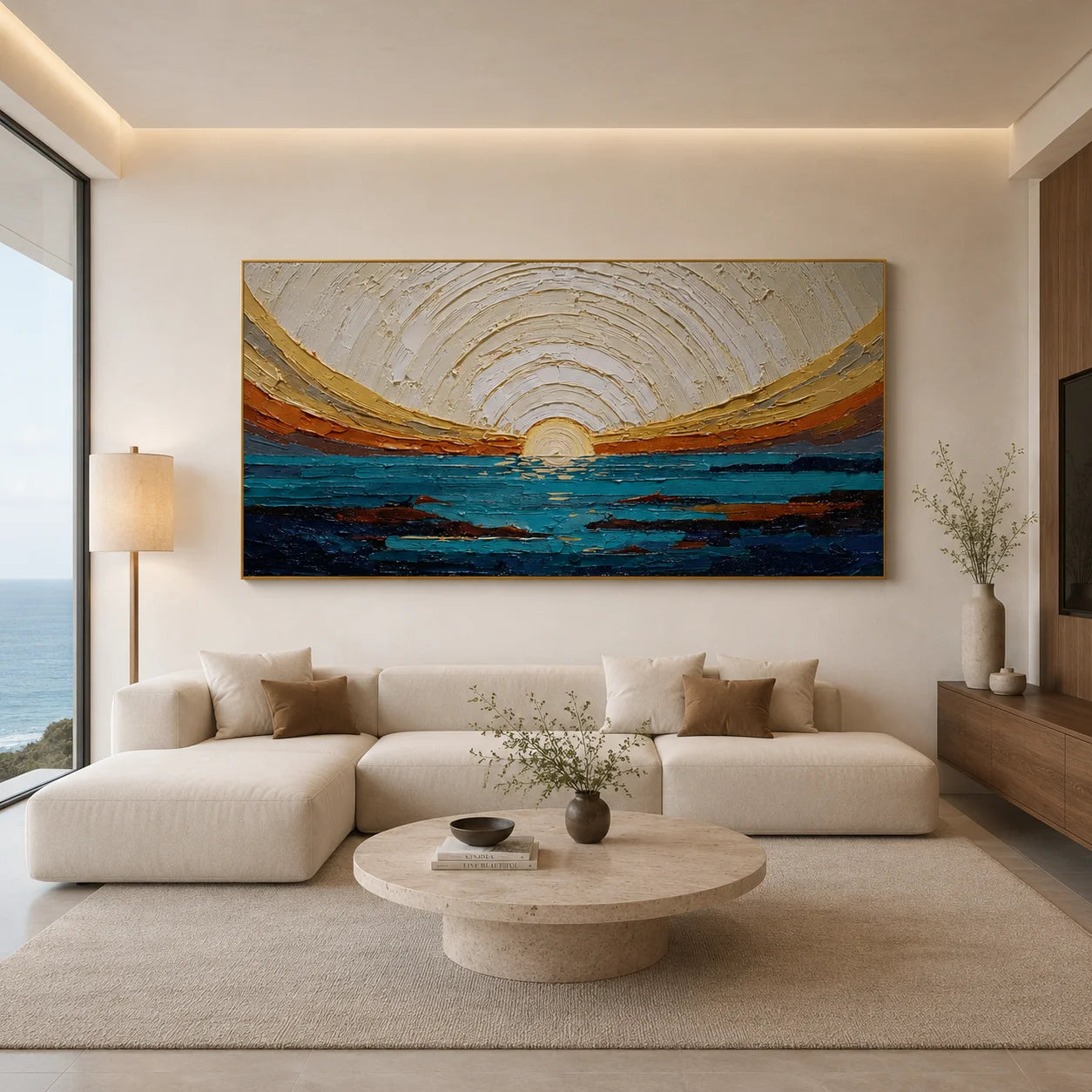 100% Hand-Painted Modern Abstract Ocean Sunrise Oil Painting | Textured Impasto Seascape Wall Art | Minimalist Coastal Horizon Panoramic Canvas | Original Contemporary Seascape Artwork by Ownanart # OA 1185