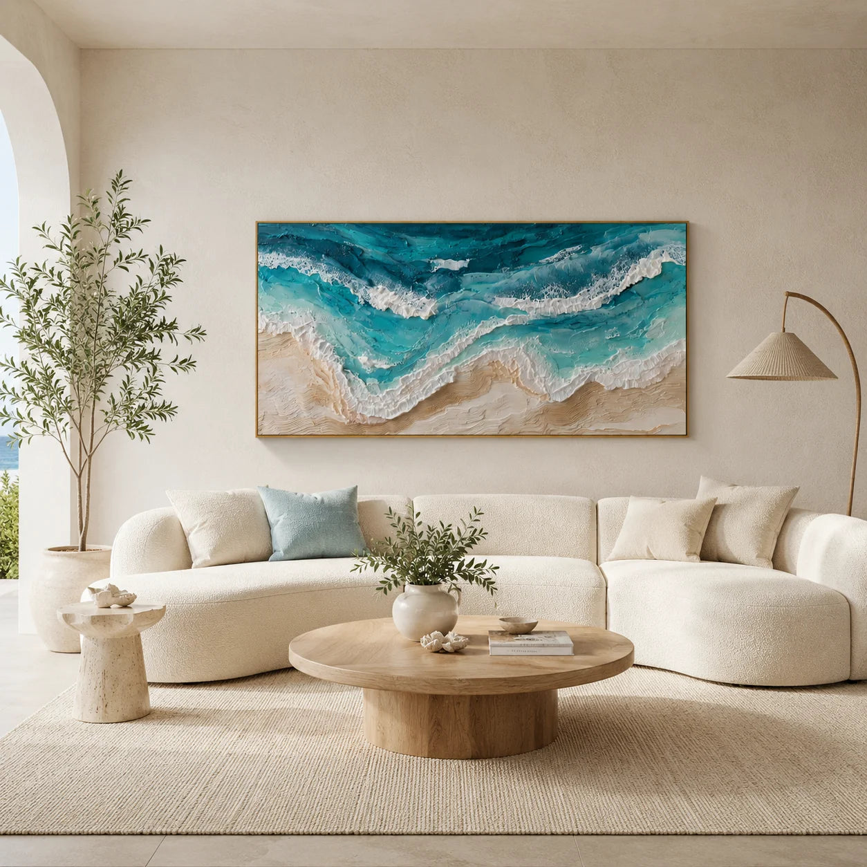 100% Hand-Painted Modern Abstract Ocean Wave Texture Oil Painting | Aerial Coastal Seascape Wall Art | Impasto Turquoise Ocean Surf Canvas | Contemporary Coastal Panoramic Artwork for Living Room by Ownanart # OA 1186
