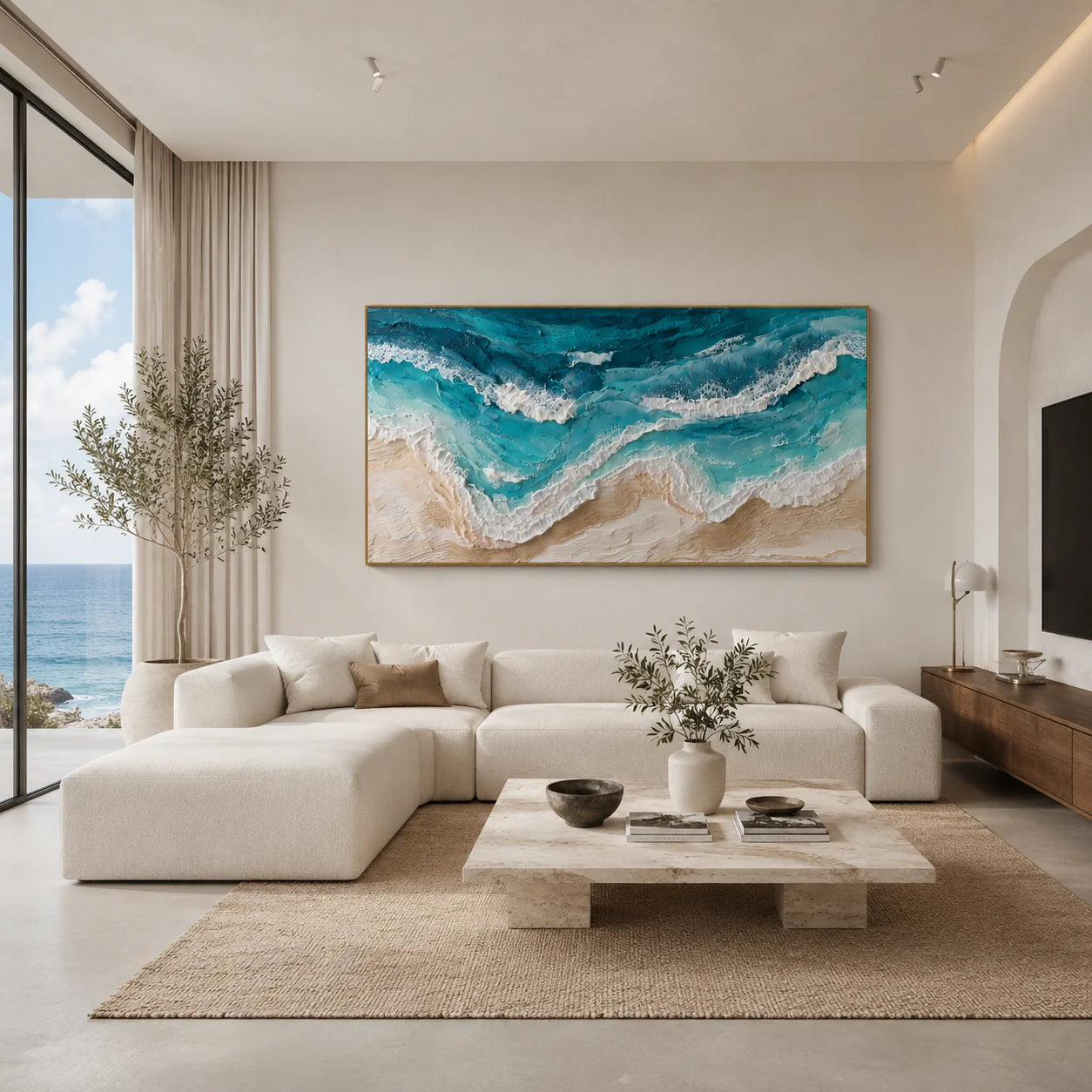100% Hand-Painted Modern Abstract Ocean Wave Texture Oil Painting | Aerial Coastal Seascape Wall Art | Impasto Turquoise Ocean Surf Canvas | Contemporary Coastal Panoramic Artwork for Living Room by Ownanart # OA 1186