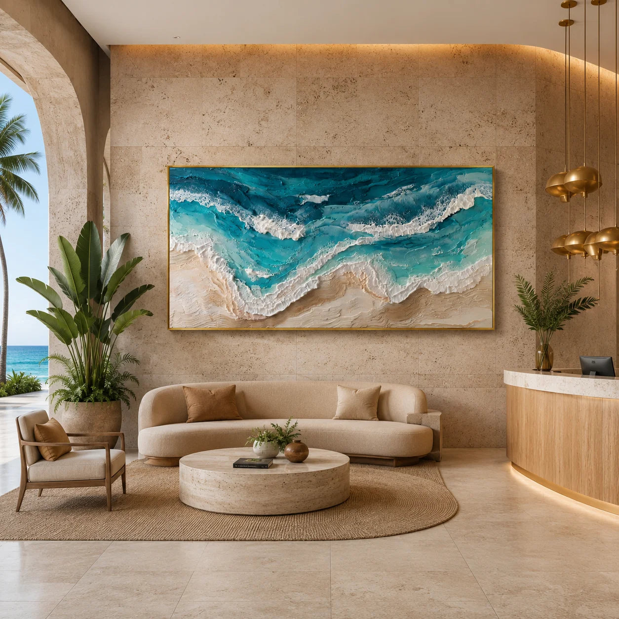 100% Hand-Painted Modern Abstract Ocean Wave Texture Oil Painting | Aerial Coastal Seascape Wall Art | Impasto Turquoise Ocean Surf Canvas | Contemporary Coastal Panoramic Artwork for Living Room by Ownanart # OA 1186