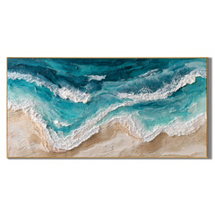 100% Hand-Painted Modern Abstract Ocean Wave Texture Oil Painting | Aerial Coastal Seascape Wall Art | Impasto Turquoise Ocean Surf Canvas | Contemporary Coastal Panoramic Artwork for Living Room by Ownanart # OA 1186