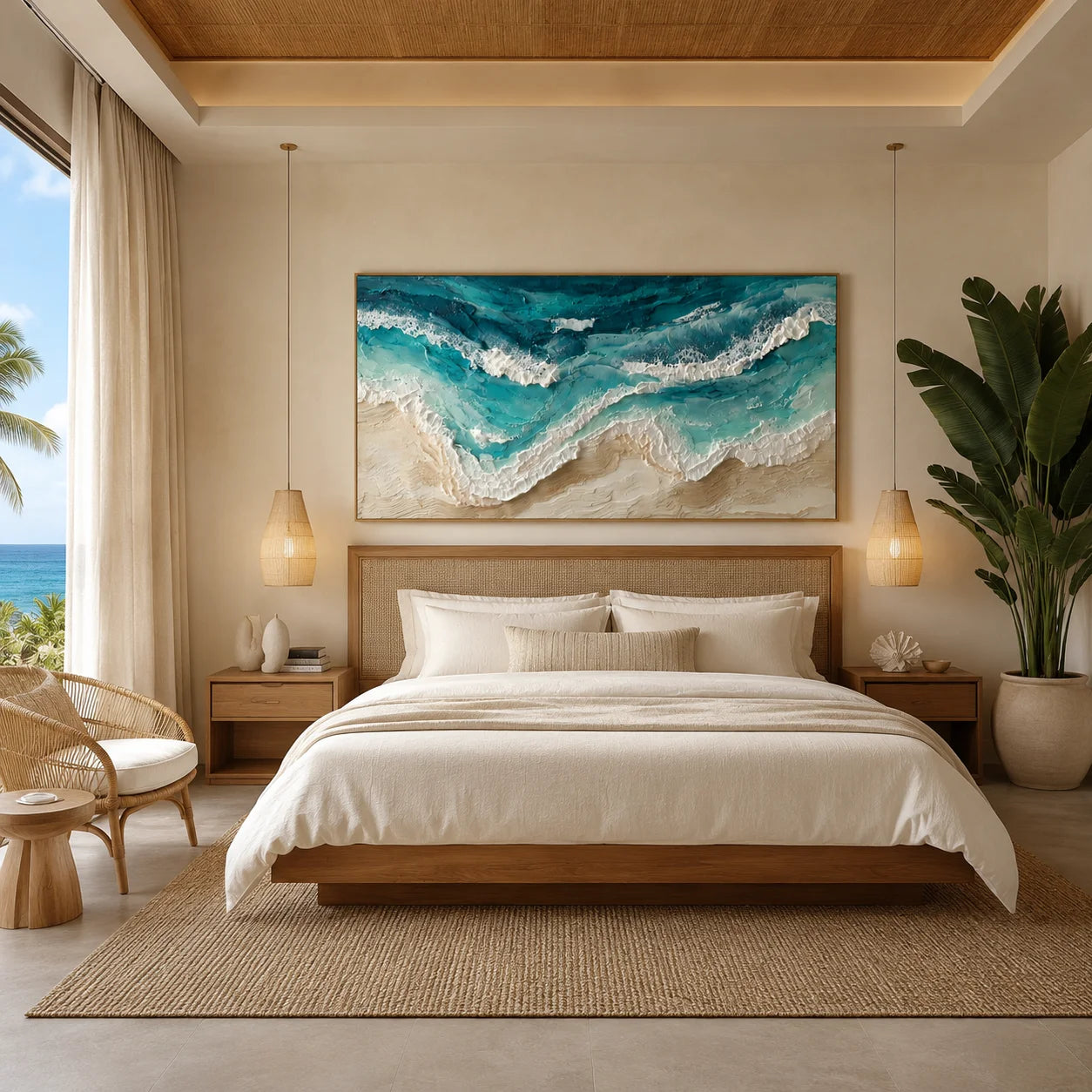 100% Hand-Painted Modern Abstract Ocean Wave Texture Oil Painting | Aerial Coastal Seascape Wall Art | Impasto Turquoise Ocean Surf Canvas | Contemporary Coastal Panoramic Artwork for Living Room by Ownanart # OA 1186