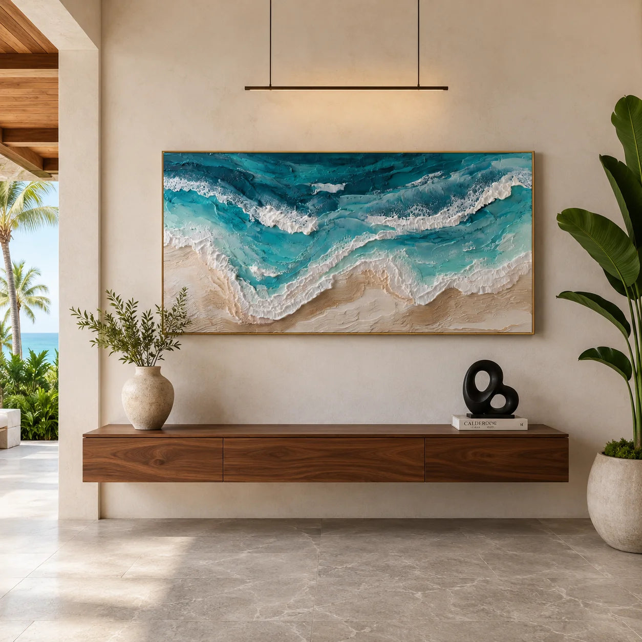 100% Hand-Painted Modern Abstract Ocean Wave Texture Oil Painting | Aerial Coastal Seascape Wall Art | Impasto Turquoise Ocean Surf Canvas | Contemporary Coastal Panoramic Artwork for Living Room by Ownanart # OA 1186