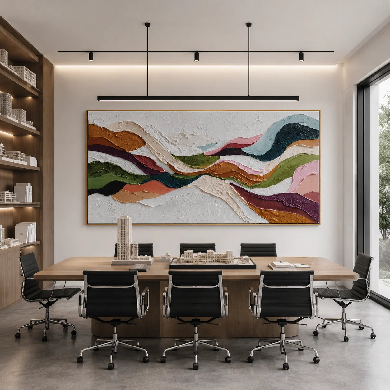 100% Hand-Painted Modern Abstract Textured Oil Painting | Colorful Flowing Lines Wall Art | Minimalist Geometric Texture Canvas | Original Panoramic Contemporary Living Room Artwork by Ownanart # OA 1183