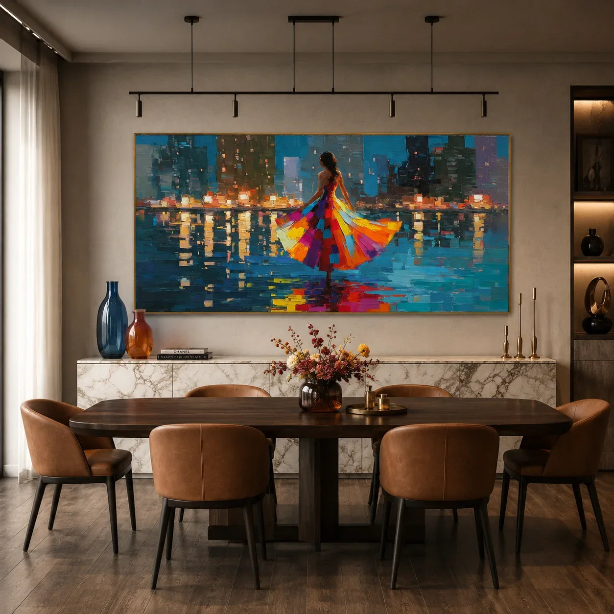 100% Hand-Painted Modern Cityscape Figure Oil Painting | Abstract Colorful Dress Woman with Night Skyline Wall Art | Original Impasto Urban Reflection Canvas | Contemporary Living Room Artwork by Ownanart # OA 1196