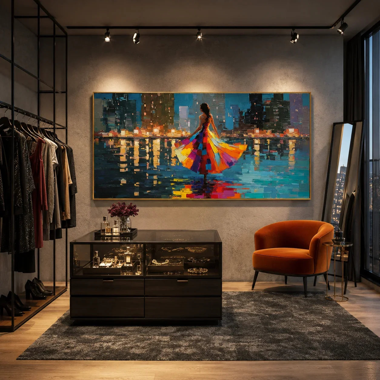 100% Hand-Painted Modern Cityscape Figure Oil Painting | Abstract Colorful Dress Woman with Night Skyline Wall Art | Original Impasto Urban Reflection Canvas | Contemporary Living Room Artwork by Ownanart # OA 1196