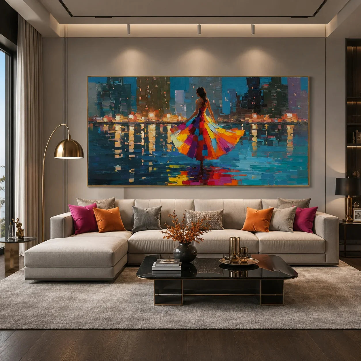 100% Hand-Painted Modern Cityscape Figure Oil Painting | Abstract Colorful Dress Woman with Night Skyline Wall Art | Original Impasto Urban Reflection Canvas | Contemporary Living Room Artwork by Ownanart # OA 1196