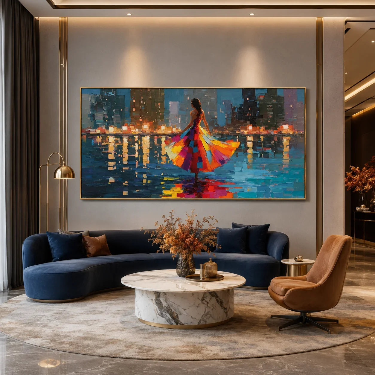 100% Hand-Painted Modern Cityscape Figure Oil Painting | Abstract Colorful Dress Woman with Night Skyline Wall Art | Original Impasto Urban Reflection Canvas | Contemporary Living Room Artwork by Ownanart # OA 1196