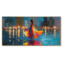 100% Hand-Painted Modern Cityscape Figure Oil Painting | Abstract Colorful Dress Woman with Night Skyline Wall Art | Original Impasto Urban Reflection Canvas | Contemporary Living Room Artwork by Ownanart # OA 1196