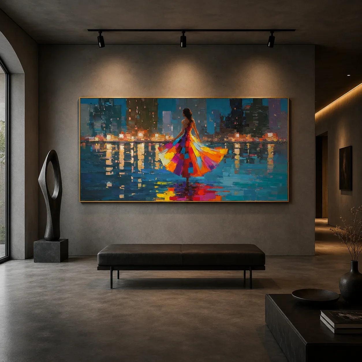 100% Hand-Painted Modern Cityscape Figure Oil Painting | Abstract Colorful Dress Woman with Night Skyline Wall Art | Original Impasto Urban Reflection Canvas | Contemporary Living Room Artwork by Ownanart # OA 1196