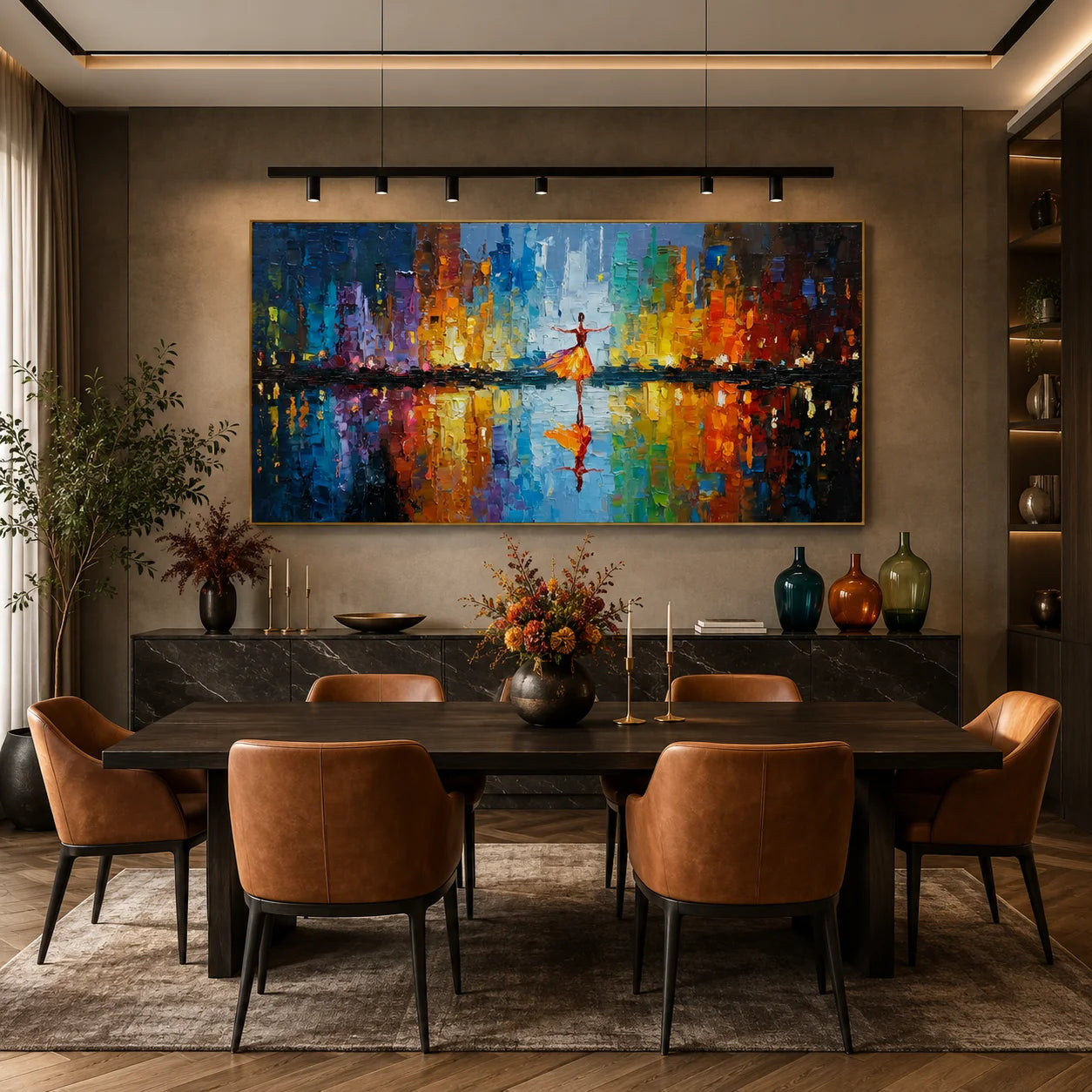 100% Hand-Painted Modern Cityscape Oil Painting | Abstract Skyline with Dancing Figure Wall Art | Colorful Night Lights Reflection Impasto Canvas | Original Contemporary Urban Artwork for Living Room by Ownanart # OA 1194