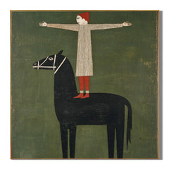 100% Hand-Painted Modern Figure & Black Horse Oil Painting | Nordic Folk Abstract Wall Art | Original Surreal Human & Animal Canvas by Ownanart # OA 1164