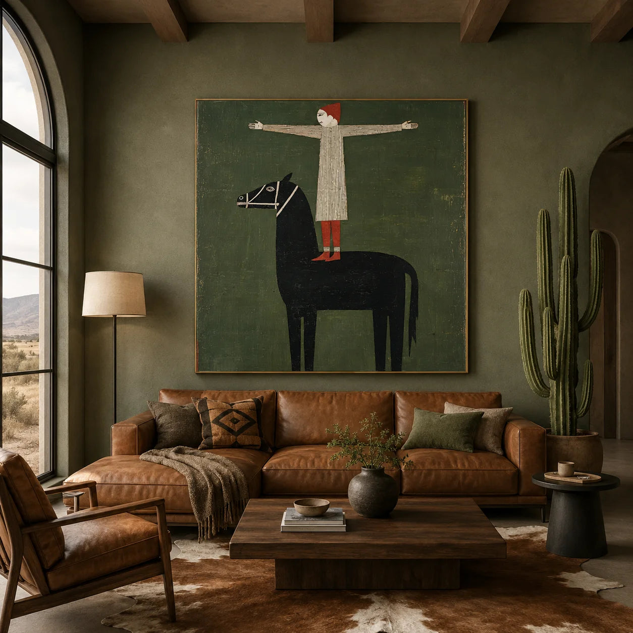 100% Hand-Painted Modern Figure & Black Horse Oil Painting | Nordic Folk Abstract Wall Art | Original Surreal Human & Animal Canvas by Ownanart # OA 1164