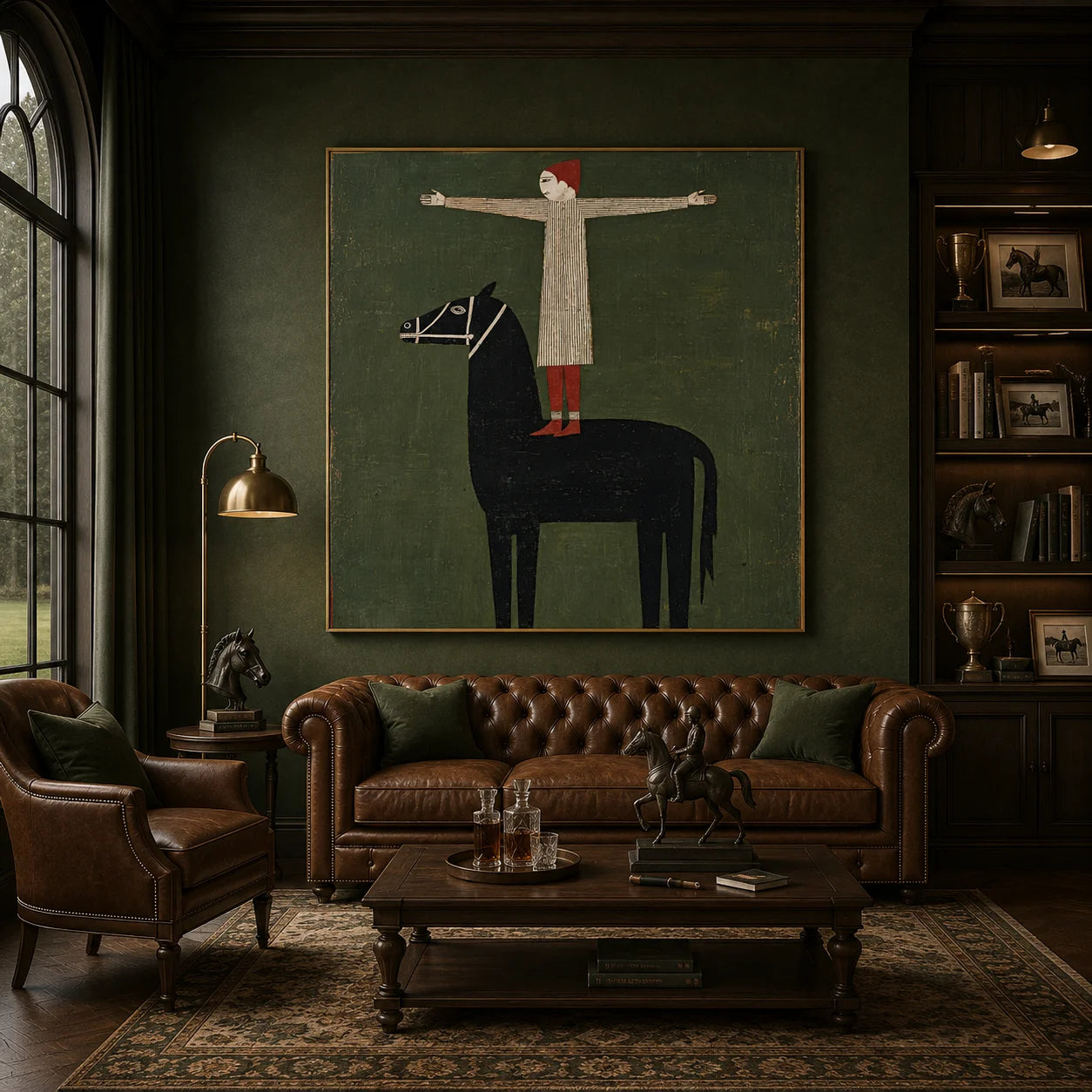 100% Hand-Painted Modern Figure & Black Horse Oil Painting | Nordic Folk Abstract Wall Art | Original Surreal Human & Animal Canvas by Ownanart # OA 1164